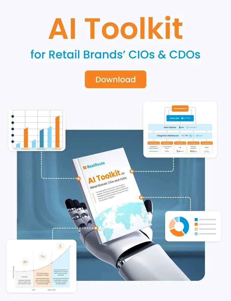 AI Toolkit ebook for retail brands' CIOs & CDOS; robotic hand holding a report.
