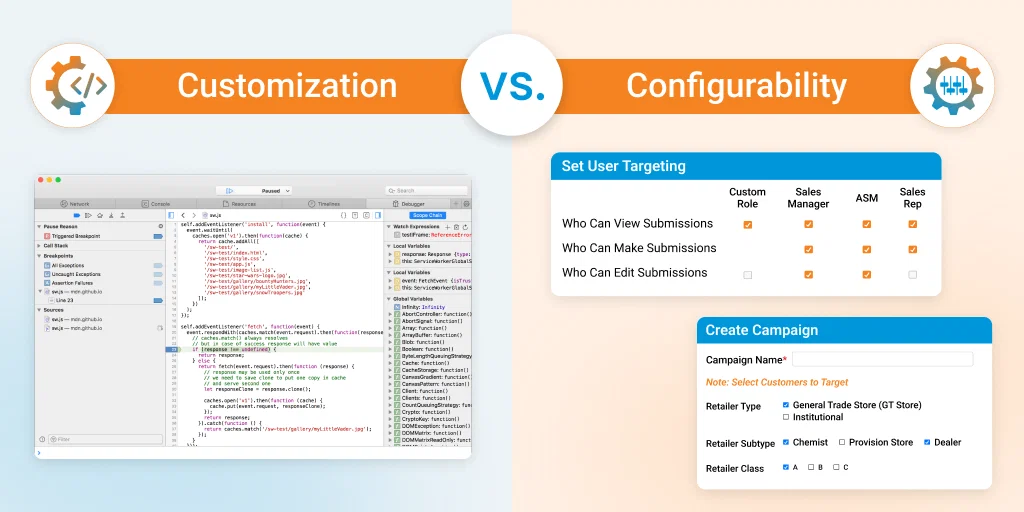 Software customization example: code and user interface for setting user targeting and creating campaigns.