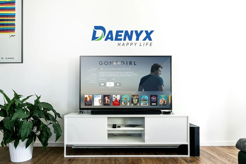 Daenyx logo on wall above smart TV showing streaming service.