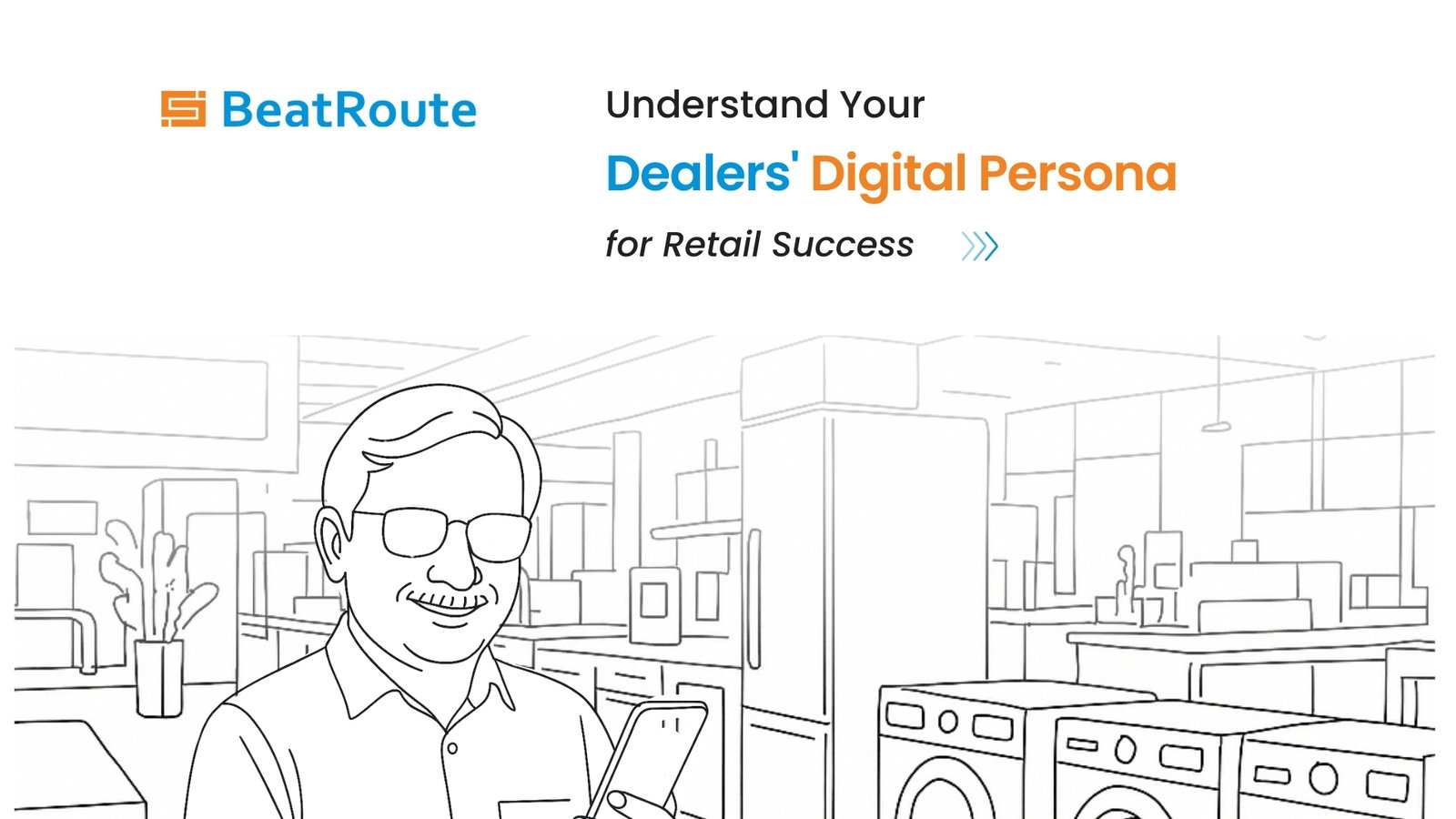 Dealers' Digital Persona: Man using smartphone in appliance store.