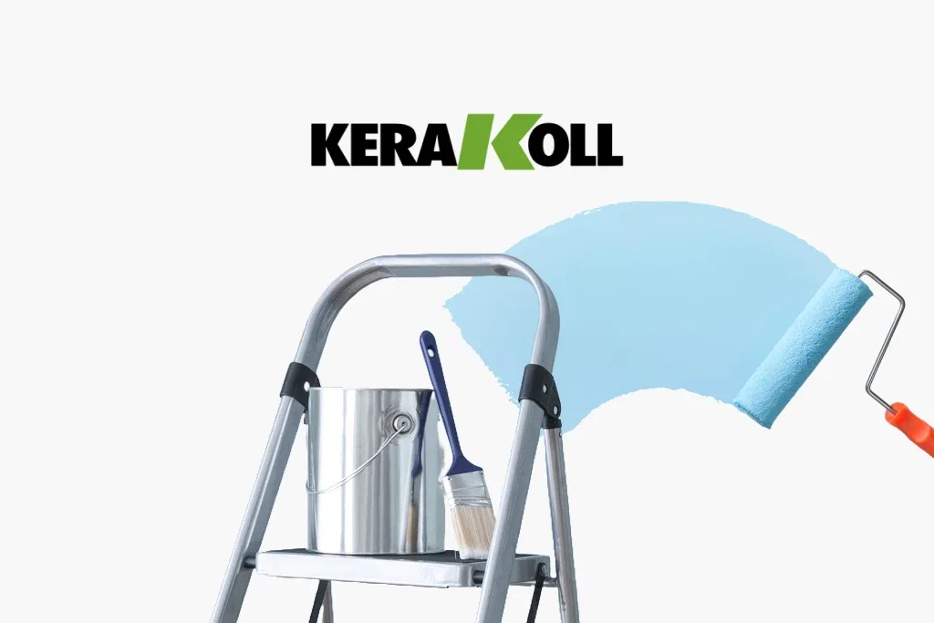 Kerakoll: Paint roller, brush, and paint can on stepladder.