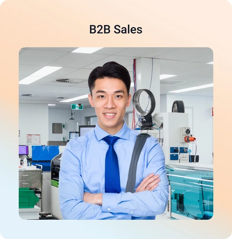 Pharma SFA software: Smiling salesman in lab.