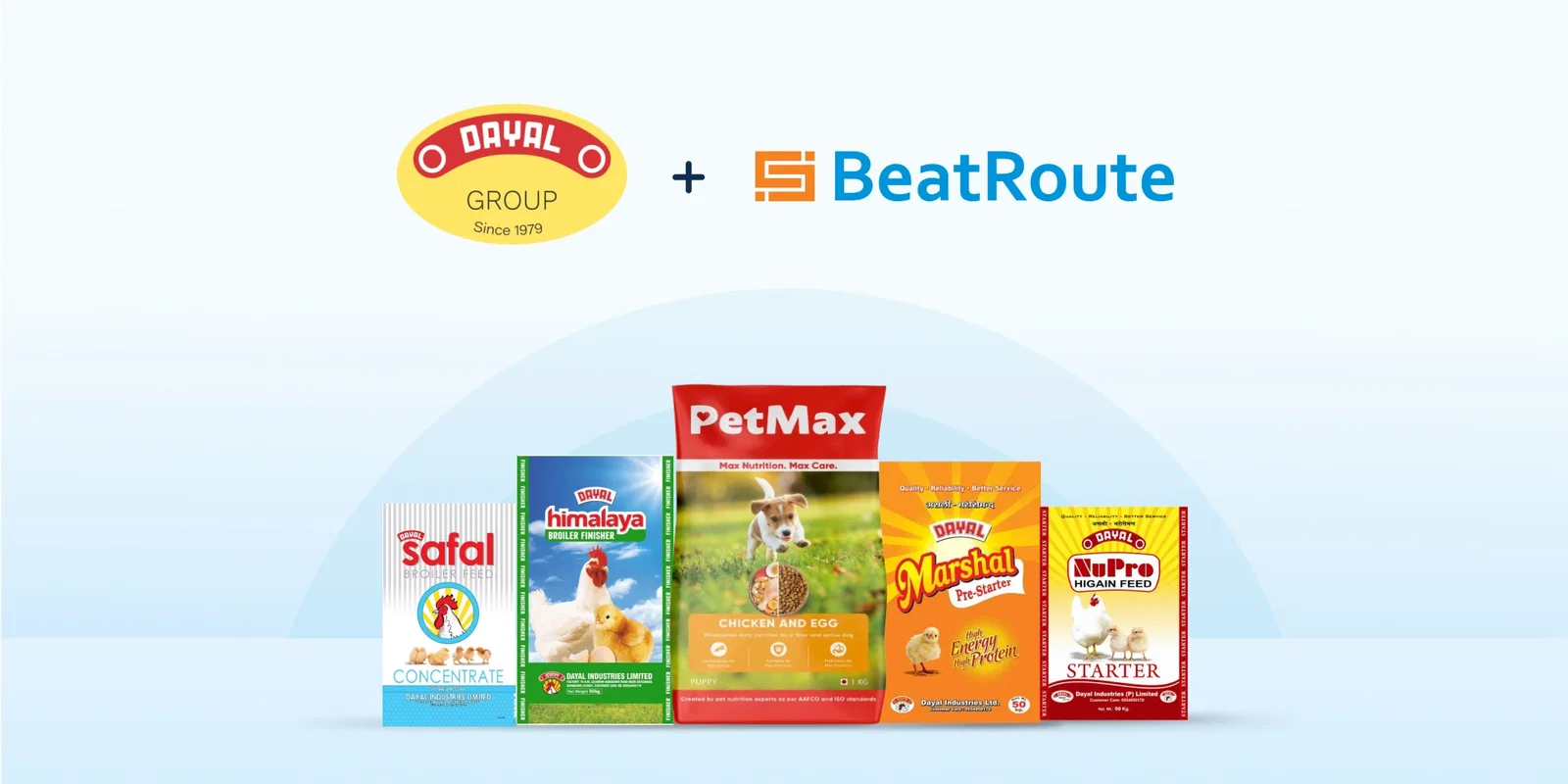 Dayal Group poultry and dog food products with BeatRoute logo
