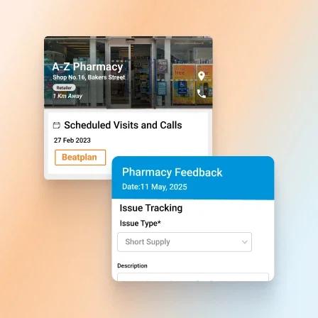 Pharma SFA software interface showing pharmacy visits, feedback, and issue tracking.