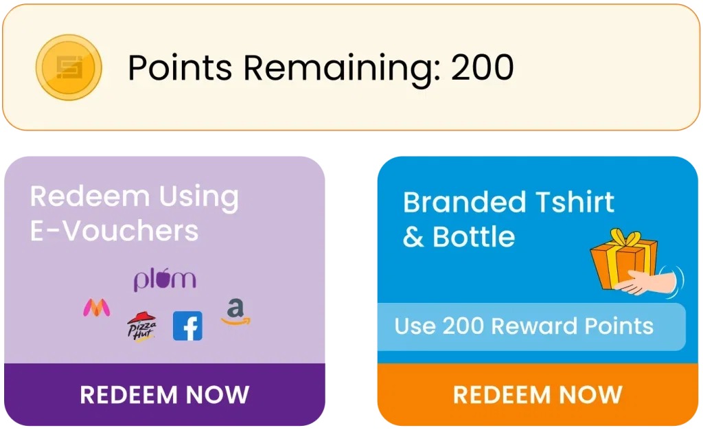 Loyalty management software rewards: Redeem 200 points for e-vouchers or a branded tshirt & bottle.