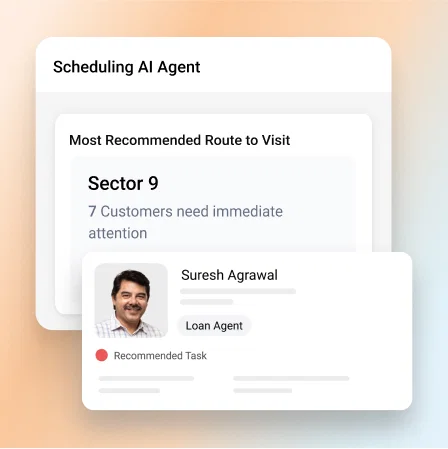 BFSI SFA software interface: AI-powered route optimization showing agent's recommended tasks.