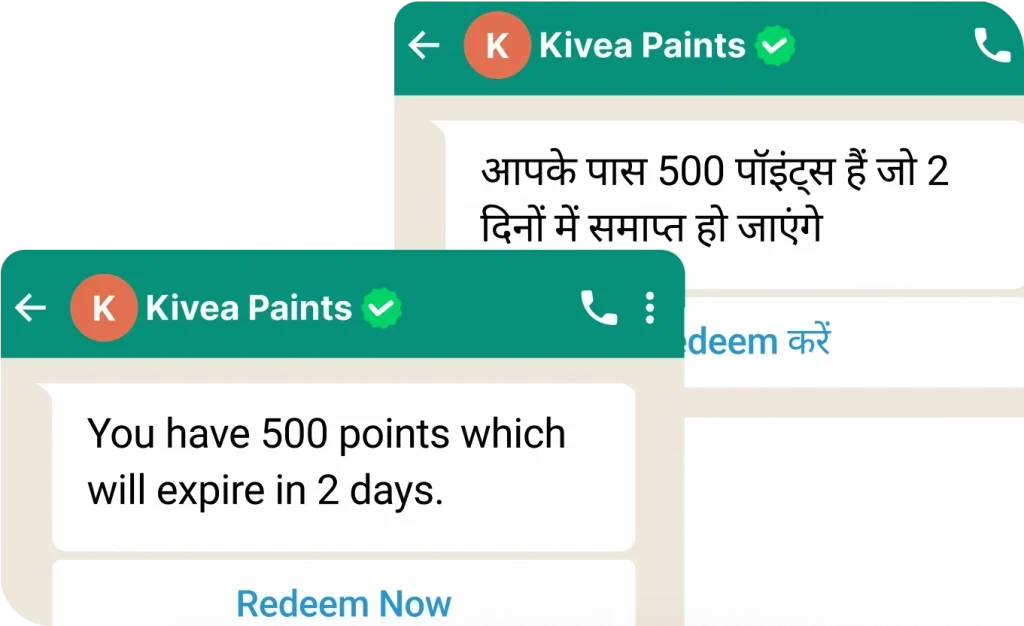 WhatsApp loyalty management software notification: 500 points expiring soon.