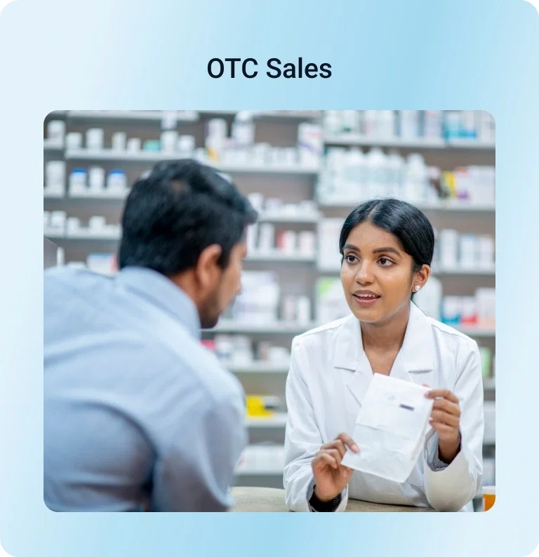 Pharmacist giving customer OTC medication; AI-powered MR reporting software.