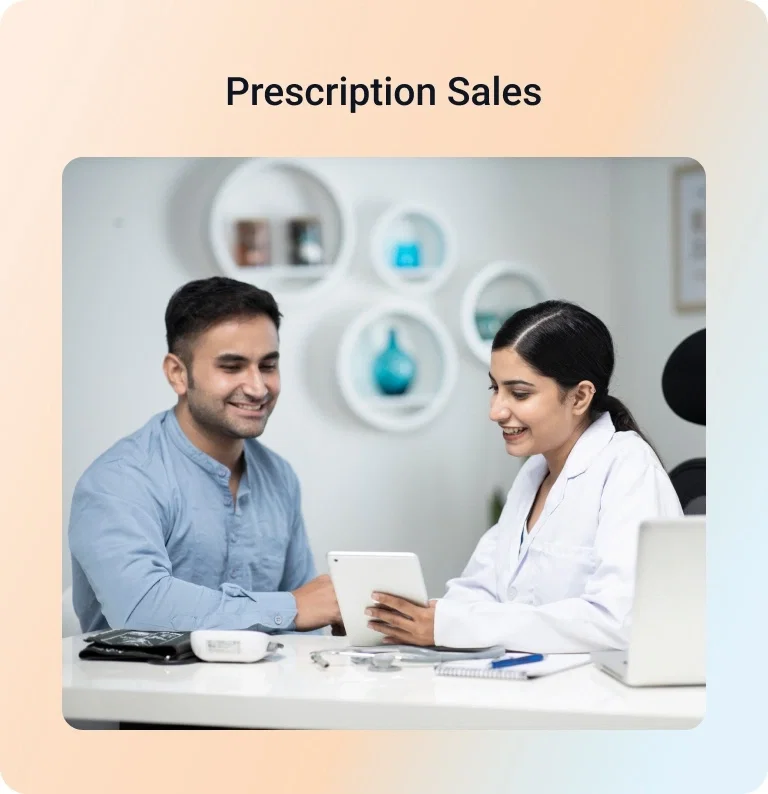 Pharma SFA software: Doctor and patient using tablet for prescription sales.