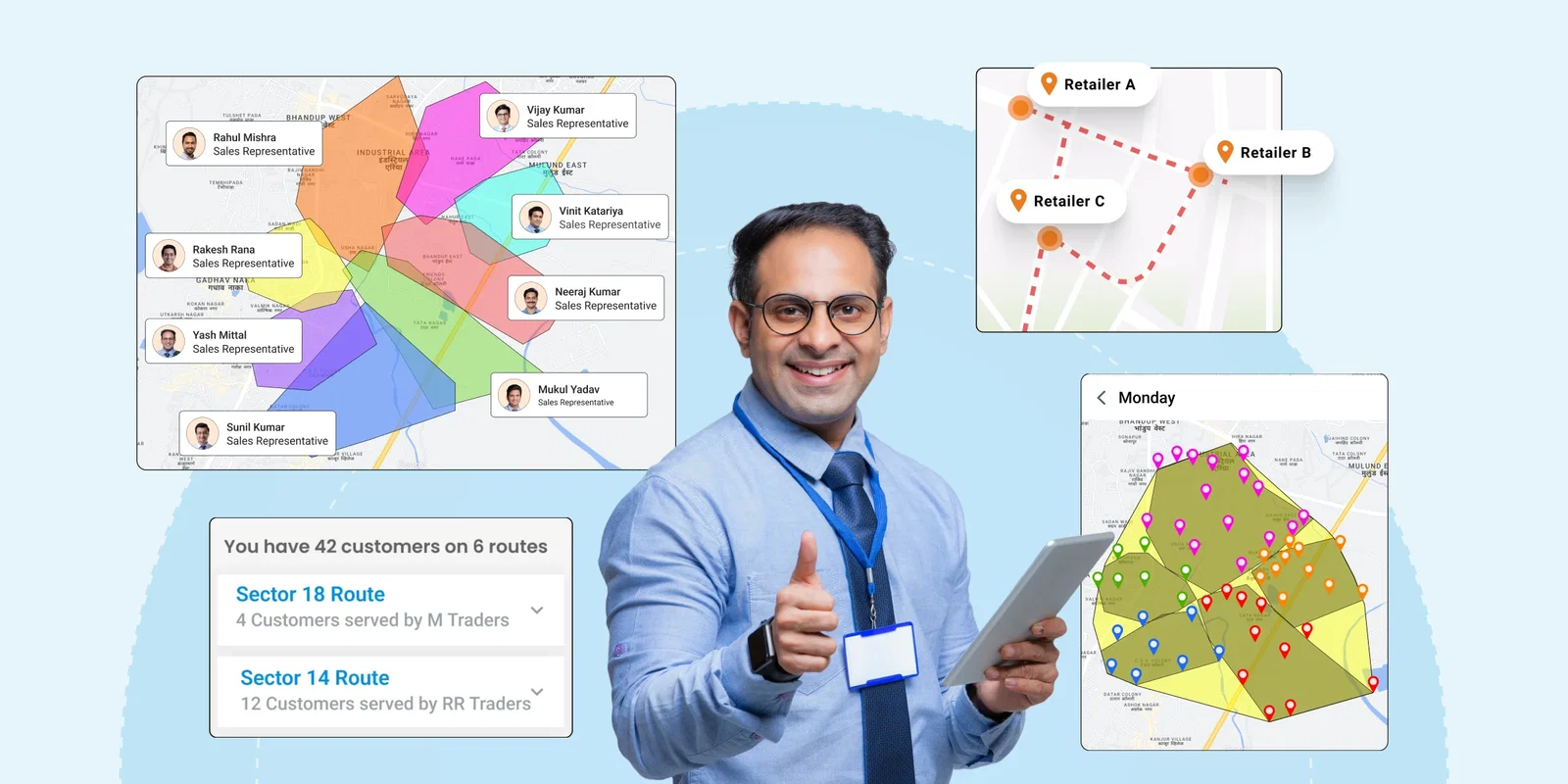 Smiling man shows thumbs up, holding tablet displaying route optimization maps.