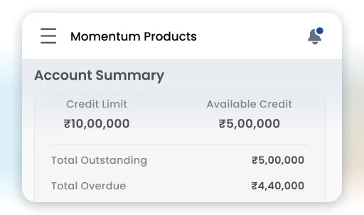 Retailer app account summary showing credit limit, available credit, outstanding, and overdue amounts.