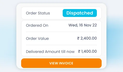 Retailer app order details: dispatched status, order value, and invoice view.
