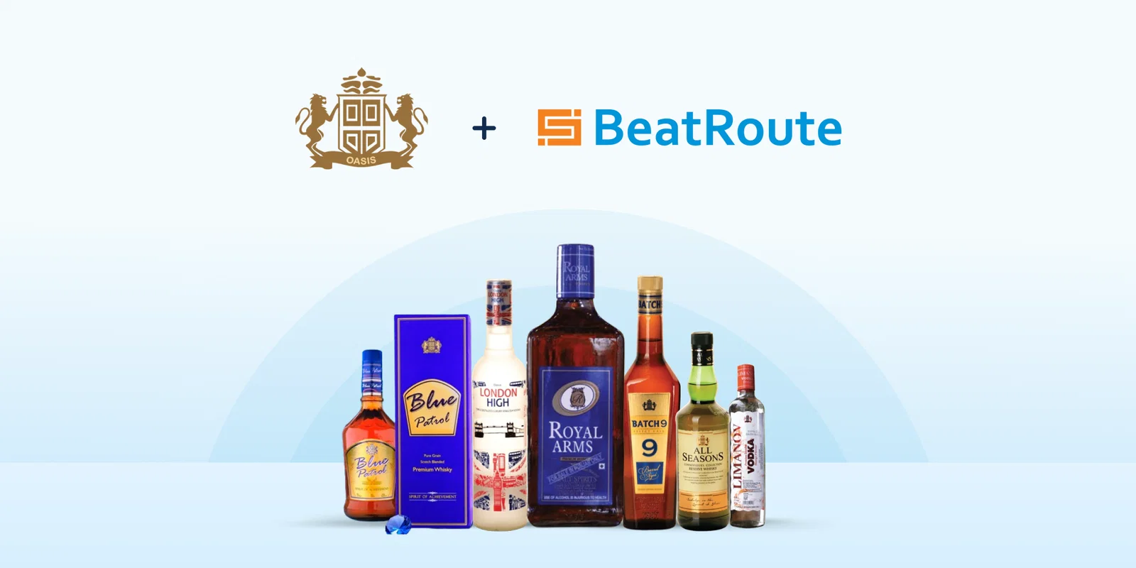 Oasis Distilleries Sales Team App: Liquor bottles & BeatRoute logo.