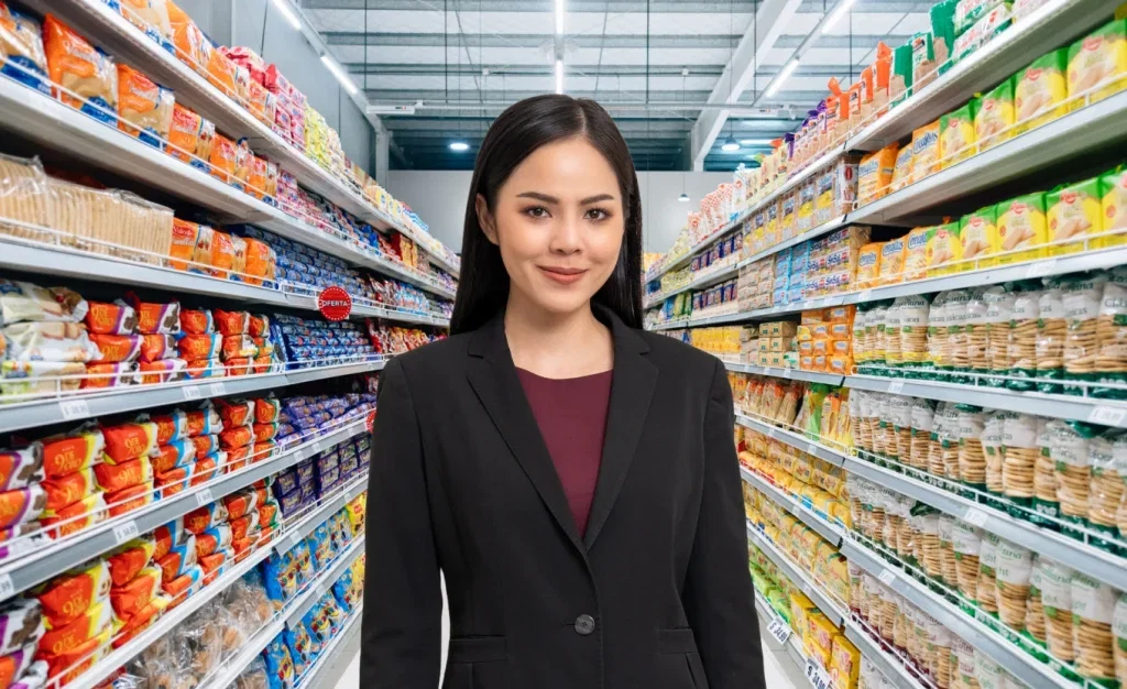 Product Promoter app: Woman in black blazer in supermarket aisle.