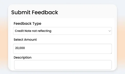 Retailer app feedback form: Submit feedback, select feedback type, amount, and add a description.