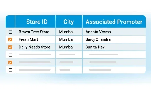 Product Promoter app interface: Store ID, city, and associated promoter data table.