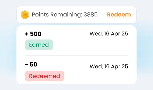 Loyalty management software interface showing points earned and redeemed.
