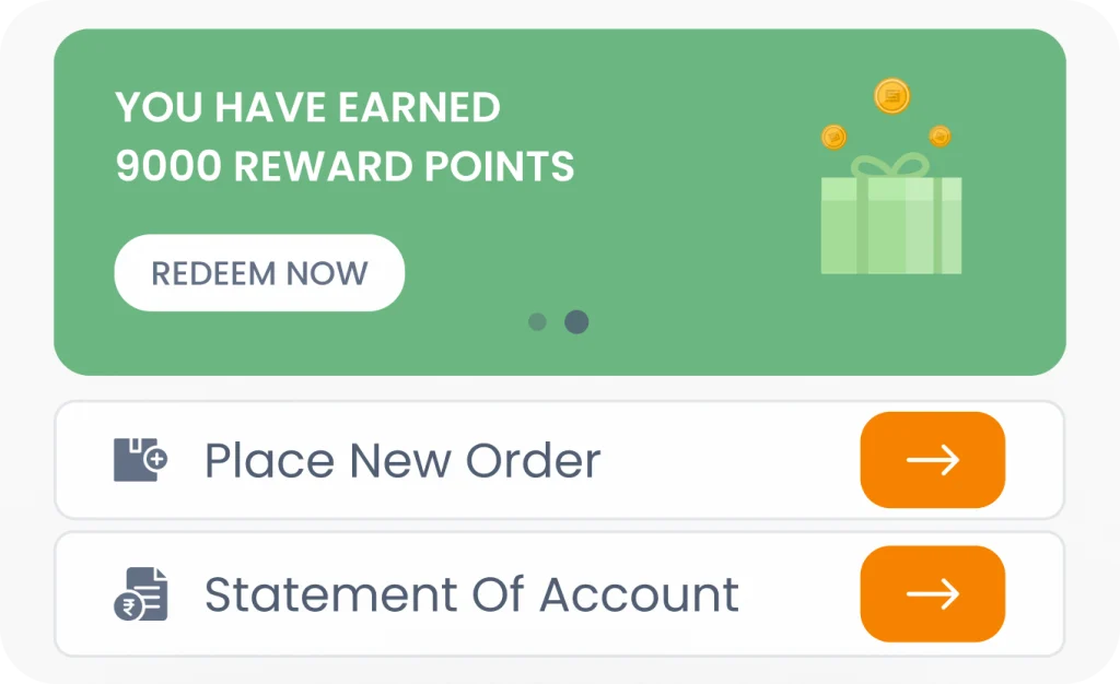 Retailer app interface showing reward points, order placement, and account statement options.