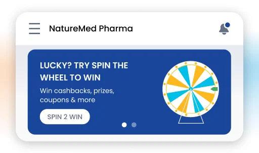 NatureMed Pharma retailer app interface with spin-to-win wheel.