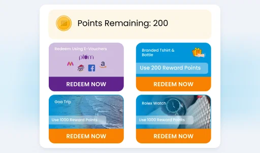 Loyalty management software rewards interface showing points redemption options for e-vouchers, merchandise, and travel.