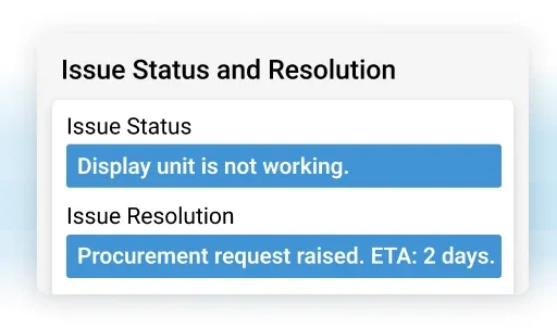 Product Promoter app interface showing issue status and resolution.