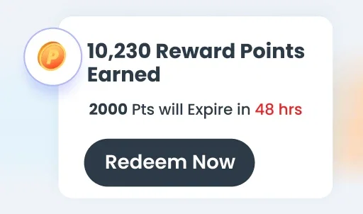 Reward points notification: 10,230 points earned, 2000 expire in 48 hours. Redeem now.