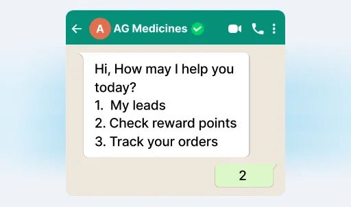 Pharma SFA software interface showing options for leads, reward points, and order tracking.