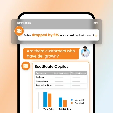 BeatRoute Copilot mobile app sales data dashboard showing sales drop.