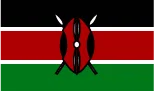 Kenya flag: black, red, green horizontal stripes;  central shield and spears.