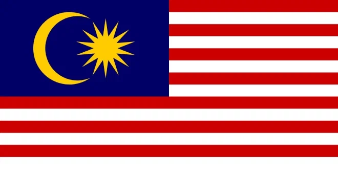 Malaysia flag: red and white stripes, yellow crescent moon and star on blue.
