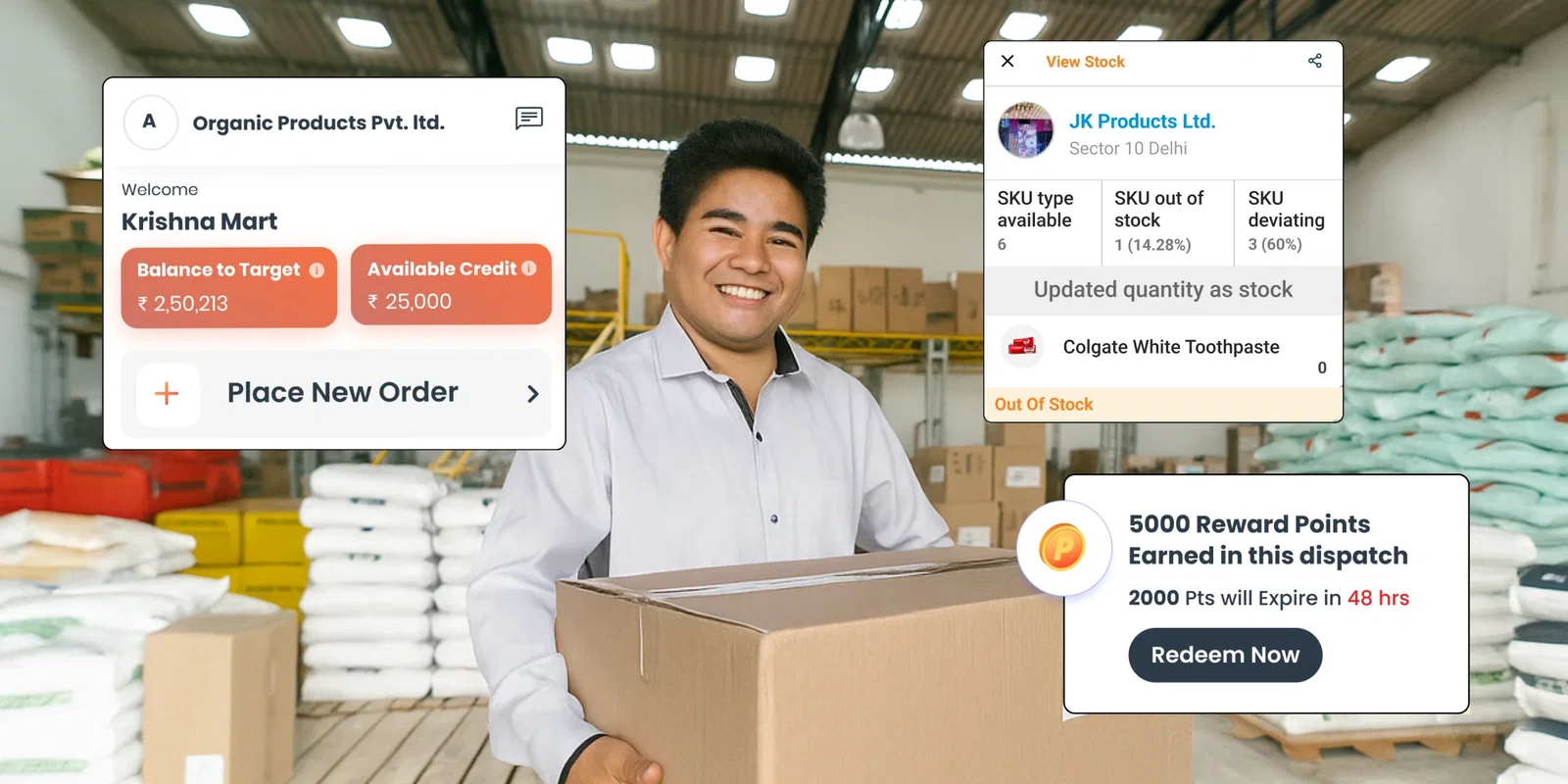 BeatRoute Distribution Management System in Malaysia: Man carrying box in warehouse.