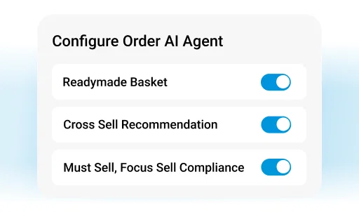 Configure Order AI Agent settings: Readymade Basket, Cross Sell, and Compliance toggles.