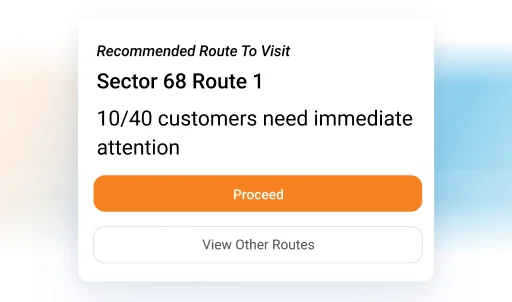 SFA for BFSI: Route optimization alert showing 10 of 40 customers need immediate attention.