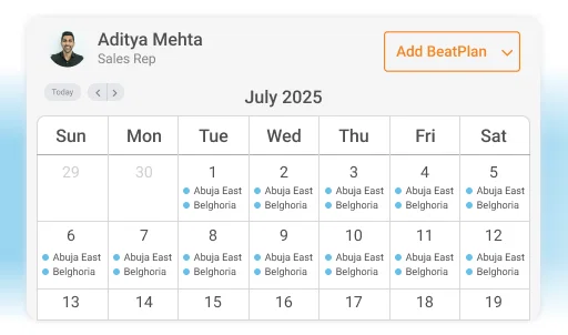 Visit planning software calendar showing July 2025 schedule.