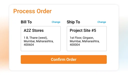 Order AI Agent interface: Confirm order screen showing billing and shipping addresses.