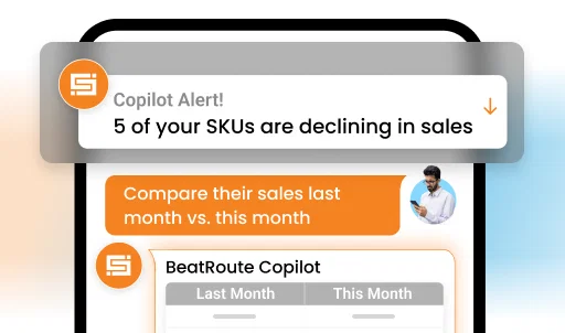 BeatRoute Copilot app: Order AI agent sales data alert.