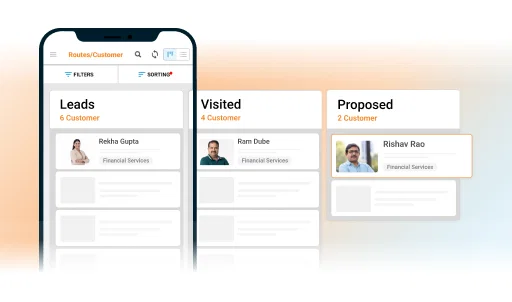 CRM-SFA for BFSI: Mobile app showing leads, visited, and proposed customers in the BFSI industry.