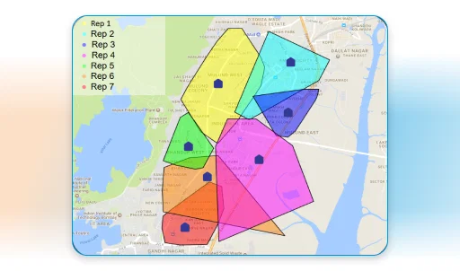 Visit planning software map showing sales territories.