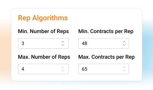 Visit planning software interface showing rep algorithm settings for minimum and maximum number of reps and contracts.