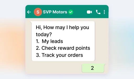 SVP Motors chat: SFA software features for lead management, reward points, and order tracking.