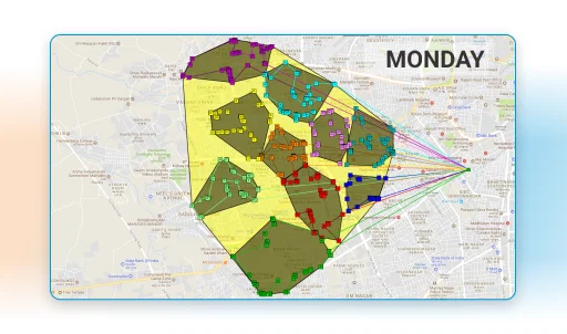 Visit planning software map: Optimized routes & territories for Monday.