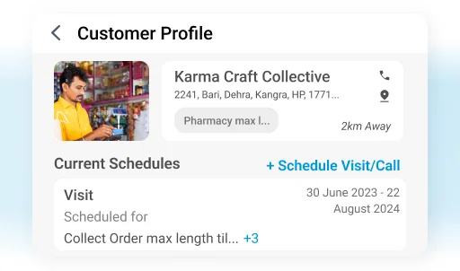 Visit planning software interface showing scheduled customer visit.