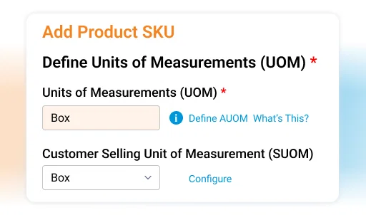 Order AI Agent:  Screenshot showing product SKU and unit of measurement configuration options.