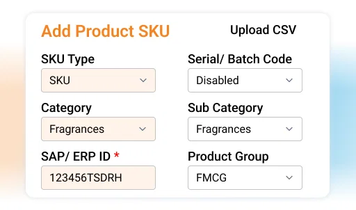 Order AI Agent: Add product SKU form with fields for SKU type, category, SAP/ERP ID, and product group.