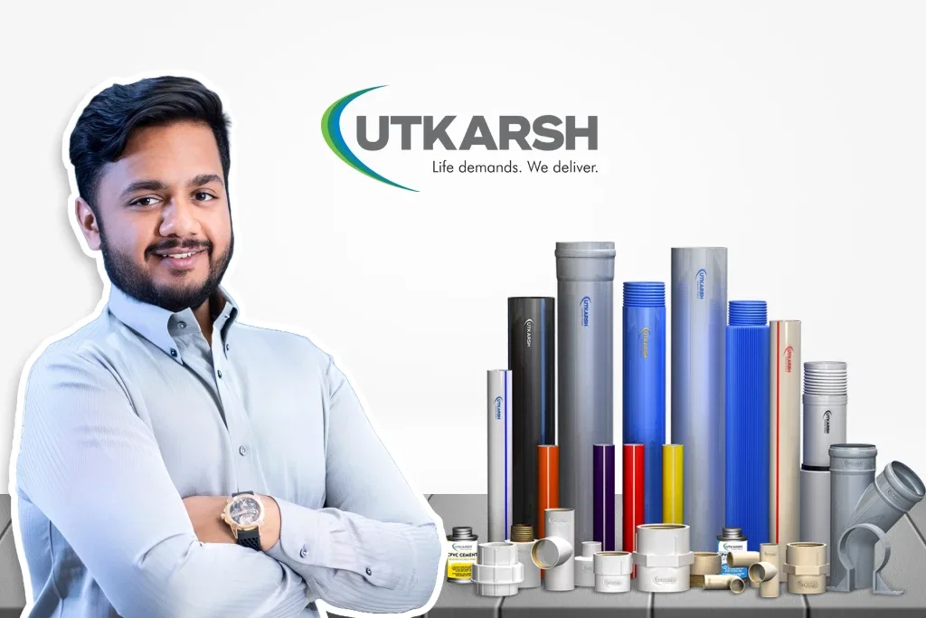 Utkarsh India pipes & fittings; man in light blue shirt.