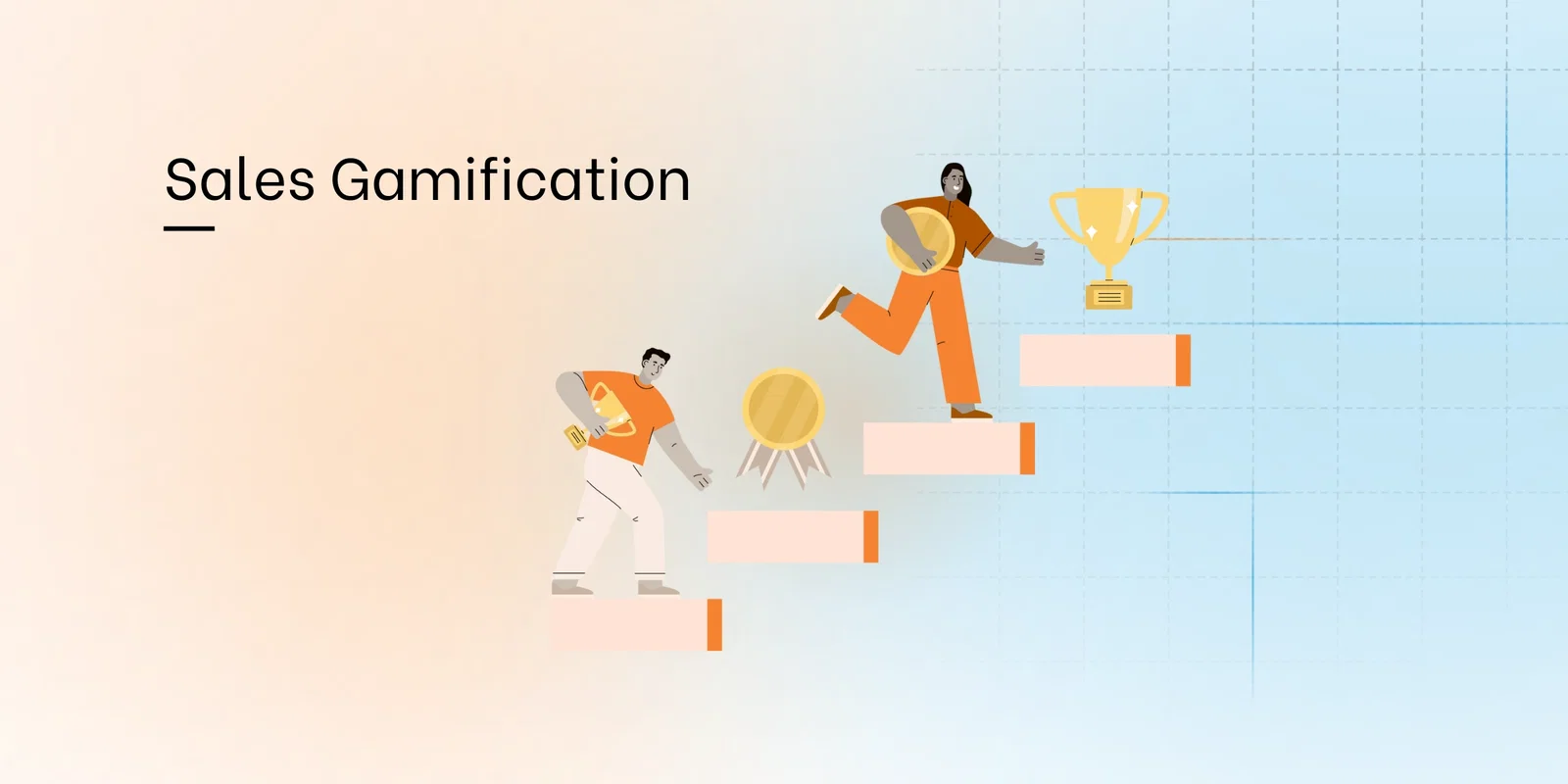 “Illustration of sales gamification showing people climbing steps with rewards, moving from small goals to a trophy at the top.