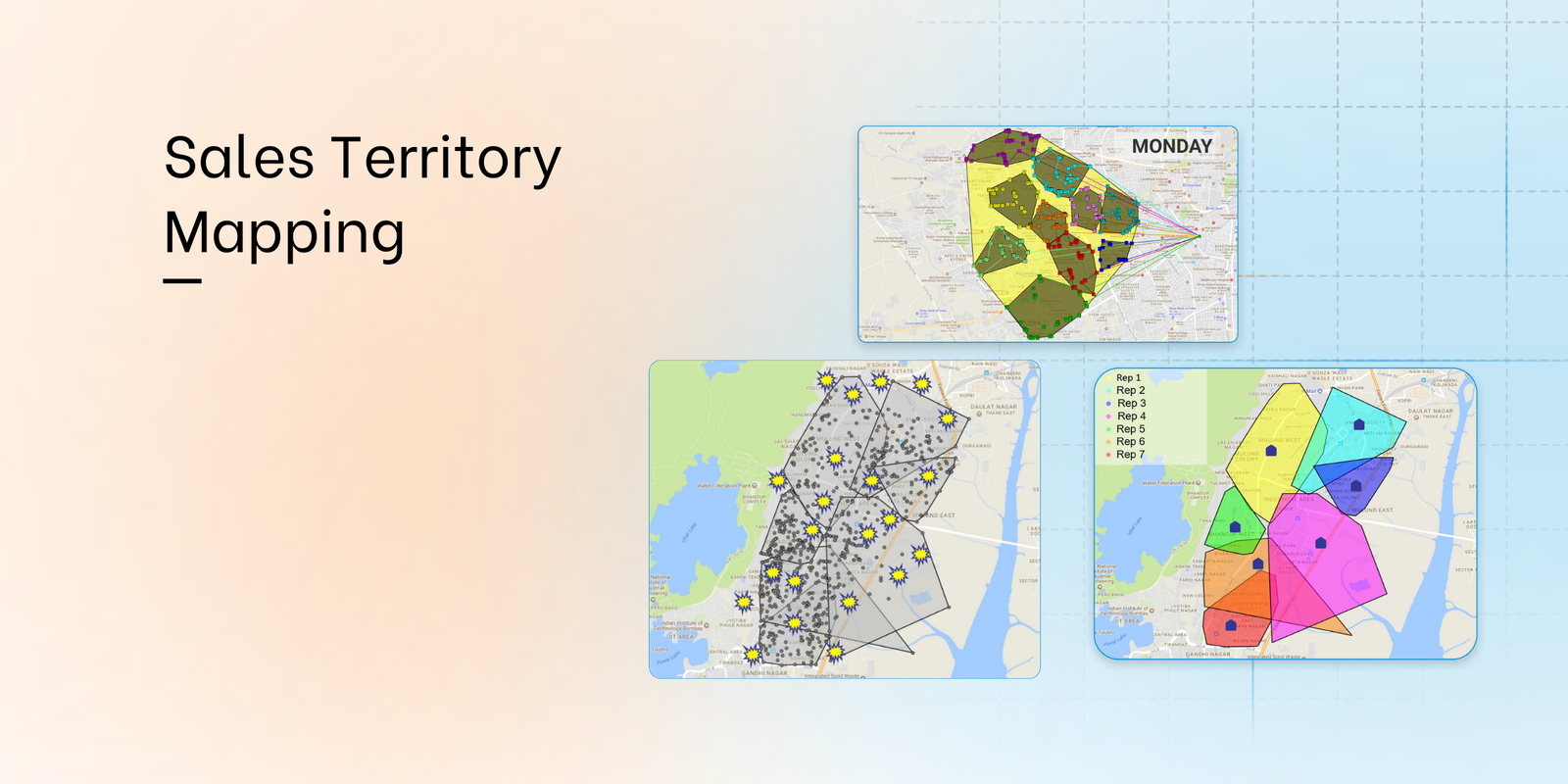 Sales territory mapping visualization showing color-coded regions assigned to sales reps, outlet distribution points, and optimized route plans for effective sales coverage.