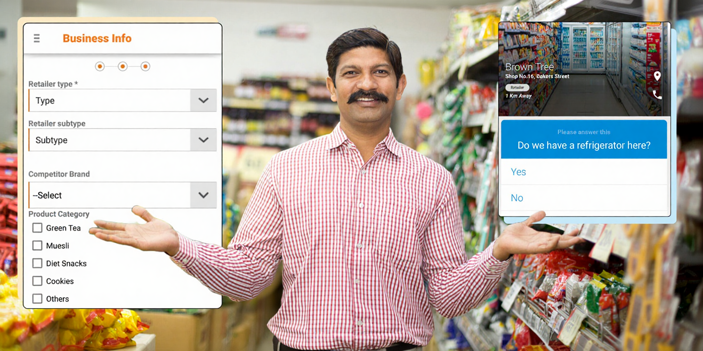 Sales promoter in a retail store using BeatRoute’s app to capture retailer details, competitor brands, and store assets as part of a multichannel Route-to-Market strategy.