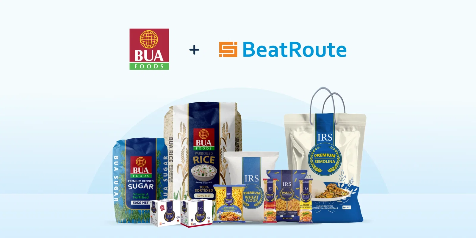 Product lineup of BUA Foods including sugar, rice, flour, pasta, and semolina, displayed below the BUA Foods and BeatRoute logos, representing BUA Foods’ adoption of BeatRoute’s retail execution platform in Nigeria